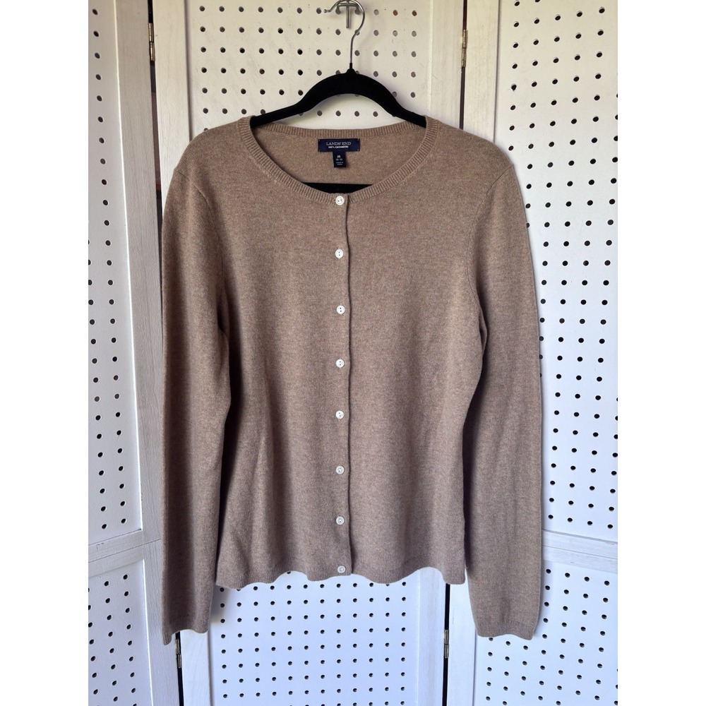 Lands End 100% Cashmere Button Cardigan Sweater Women's M 10-12 Beige Lt. Brown